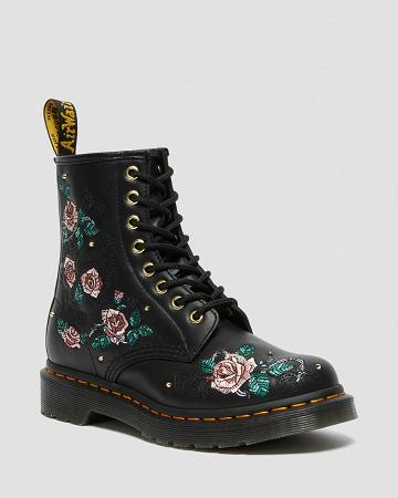 Dr Martens 1460 Vonda Floral Leren Veterlaarzen Dames Zwart | NL 564XYU